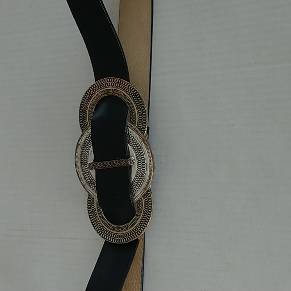 Chico's Distressed Bronze Silver tone Disc Belt Black Leather Adjustable - Picture 8 of 10